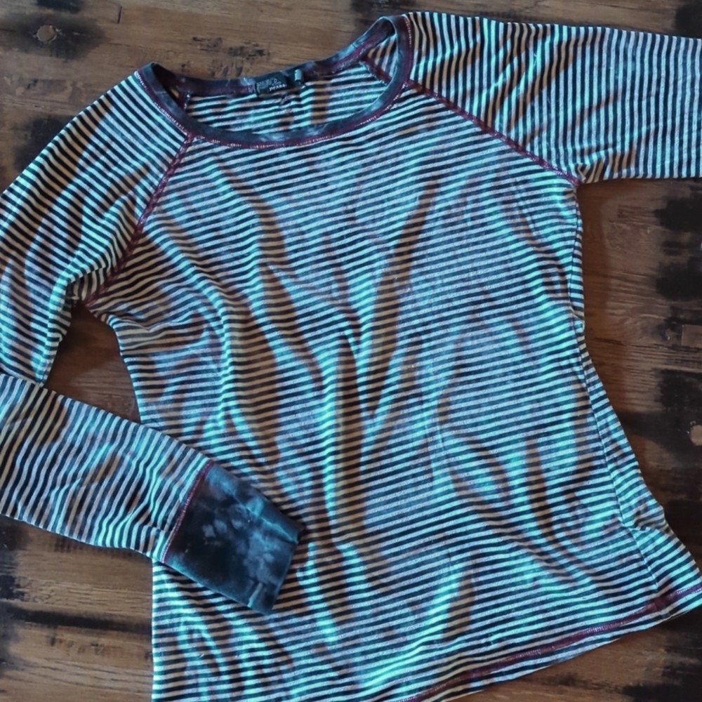 Prana Zoe Long Raglan Sleeve Scoop Neck Top. Stripes/Cloud Trim. Sz L.